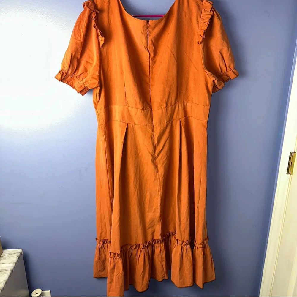 SHEIN Orange Ruffle and Ruched Cottagecore Puff Sleeve Maxi Dress